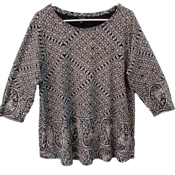 Lucky Brand Tunic Paisley Tee Cotton Modal Curved Hem Round Neck 3/4 Sleeve - 1X - Picture 2 of 9